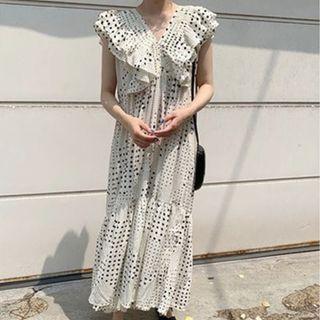 Sleeveless Dotted Ruffle Maxi Shift Dress