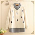 Inset Check Shirt Cat Embroidered Long-sleeve Thin Sweater