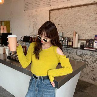 Plain Cutout Long-sleeve Top Yellow - One Size