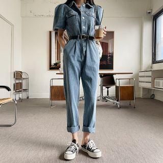 Short-sleeve Denim Shirt Jumpsuit Blue - One Size