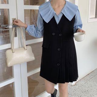 Collar Blouse / Asymmetrical Pleated Mini A-line Overall Dress
