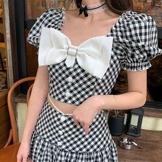 Set: Off-shoulder Plaid Crop Top + A-line Skirt