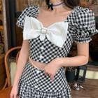 Set: Off-shoulder Plaid Crop Top + A-line Skirt
