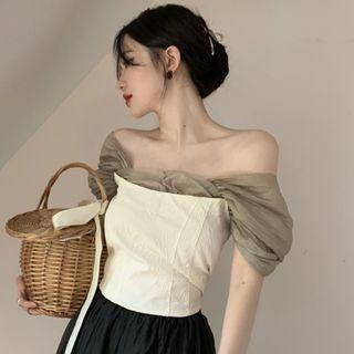 Short-sleeve Square Neck Two Tone Chiffon Panel Top