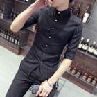 Set: Plain Elbow-sleeve Shirt + Cropped Pants