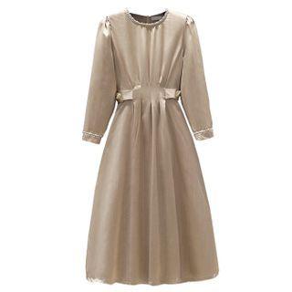 Long-sleeve Faux Pearl Embellished Midi A-line Dress