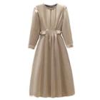 Long-sleeve Faux Pearl Embellished Midi A-line Dress