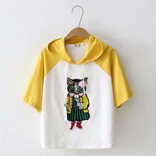 Cat Embroidered Hooded Short-sleeve T-shirt