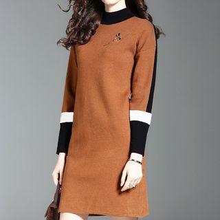 Color Block Mock Neck Long Sleeve Knit Dress