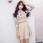 Set: Floral Print Chiffon Blouse + Camisole Top + Plain Flared Skirt