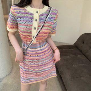Short-sleeve Striped Pointelle Knit Dress Off-white & Purple & Orange - One Size