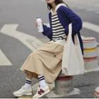 Striped Hoodie / Midi A-line Skirt / Cardigan / Set