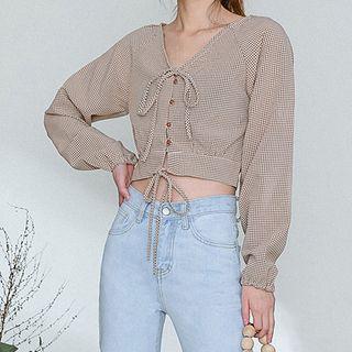 Plaid Drawstring Cropped Blouse