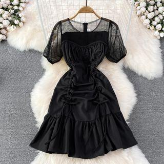 Puff Sleeve Ruched Mesh Dress