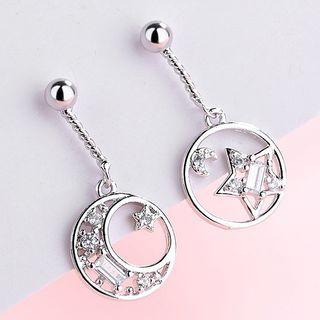 Non-matching Rhinestone Moon & Star Dangle Earring Earring Backs - Silver - One Size