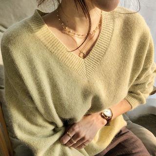 V-neck Wool Blend Fluffy Sweater Lime Green - One Size