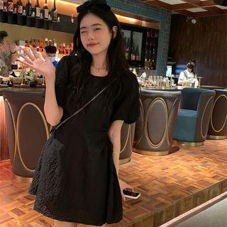 Short-sleeve Cutout Drawstring Mini A-line Dress Black - One Size
