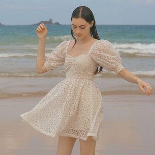 Floral Embroidered Puff-sleeve Mini A-line Dress