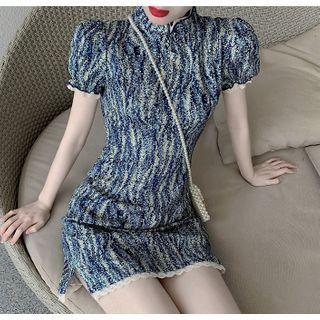Mandarin Collar Short-sleeve Printed Mini Sheath Dress