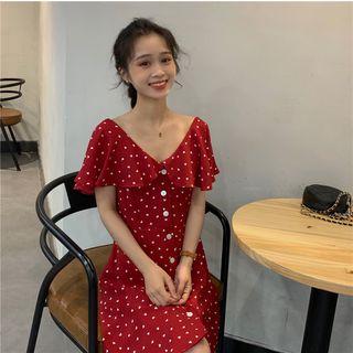 Ruffle Trim Short-sleeve Heart Printed Dress Red - One Size