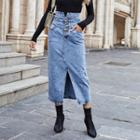 Front-slit Denim Midi Pencil Skirt