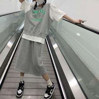 Short Sleeve Mock Two Piece T-shirt / Midi Skirt