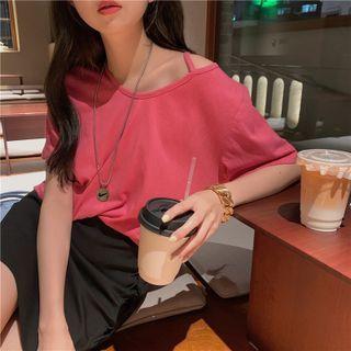 Short-sleeve One-shoulder T-shirt Rose Pink - One Size