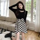 Checkerboard Irregular Mini A-line Skirt / Choker-neck Knit Top