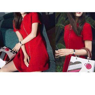 Plain Short Sleeve Zip Front Dress