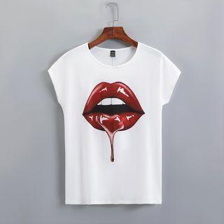 Cap-sleeve Lip Print T-shirt
