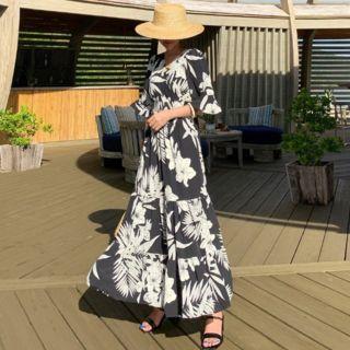 Bell-sleeve Wrap-front Pattern Long Dress Black - One Size
