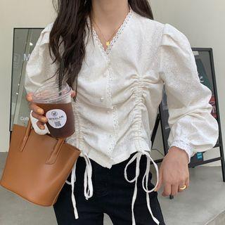 Lace Trim V-neck Drawstring Blouse Light Almond - One Size
