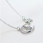 925 Sterling Silver Rhinestone Moon & Star Pendant Necklace Necklace - One Size