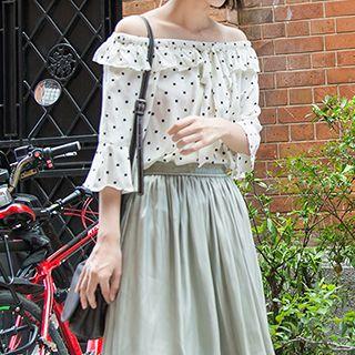 Short-sleeve Off-shoulder Dotted Ruffle Blouse Black Dots - White - One Size