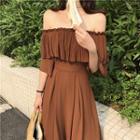 Plain Pleated Trim Off Shoulder Elbow Sleeve Midi Dress