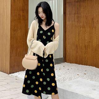 Set: Spaghetti Strap Dotted Midi A-line Dress + Open-front Cardigan