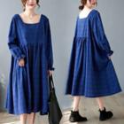 Long-sleeve Square-neck Loose-fit Dress Dark Blue - One Size=l