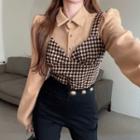 Mock Two-piece Long-sleeve Diamond Print Blouse