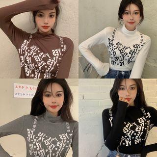 Long-sleeve Lettering Mock Two-piece Slim-fit Top