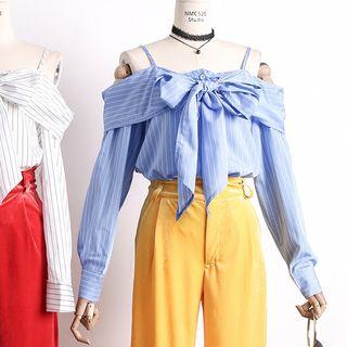 Off-shoulder Ribbon-accent Striped Blouse