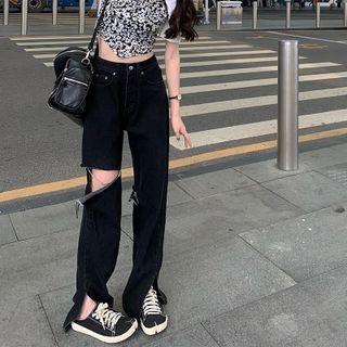Distressed Side-slit Loose-fit Jeans