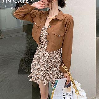 Spaghetti Strap Floral Mini Sheath Dress / Single-breasted Jacket