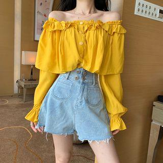 Ruffle Off-shoulder Long-sleeve Loose-fit Blouse