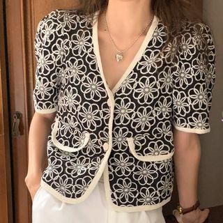 Puff-sleeve Floral Knit Cardigan