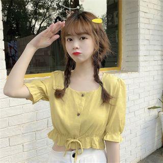 Short-sleeve Buttoned Square-neck Crop Top