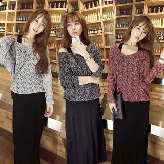 Set: Plain Sleeveless Midi Dress + Cable Knit Sweater