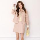 Faux Leather Jacket / A-line Mini Skirt