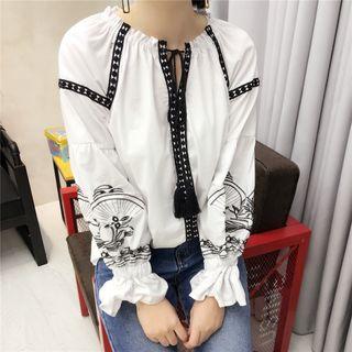 Embroidered Lantern-sleeve Blouse