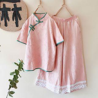 Traditional Chinese Short-sleeve Contrast Trim Top / Lace Trim Wide-leg Pants