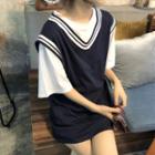 Elbow-sleeve Plain T-shirt / Contrast Trim Mini Overall Dress